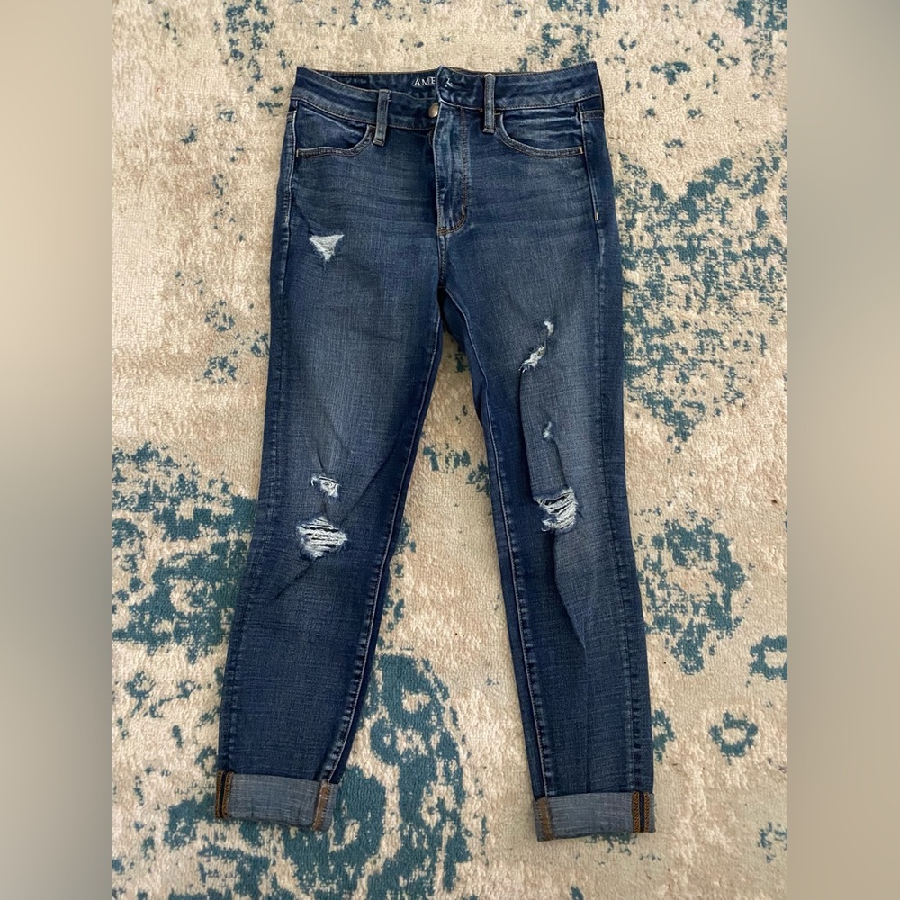 Dark high rise skinny jeans—AE 360 super stretch